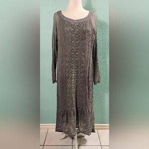 Sundance Viviana Sz 14 Gray Chiffon Embroidered Long Sleeve Midi Hi Lo Hem Dress